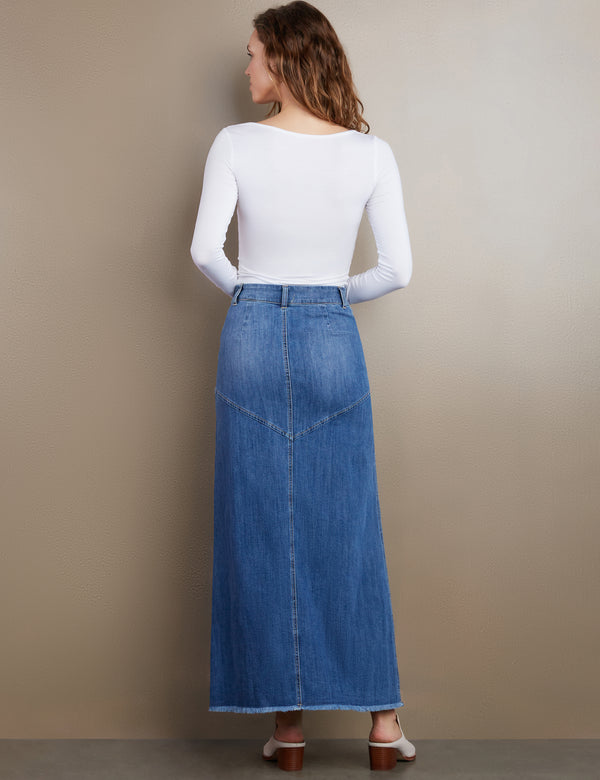 Women's Designer Classic Denim Maxi Skirt in Vintage Blue