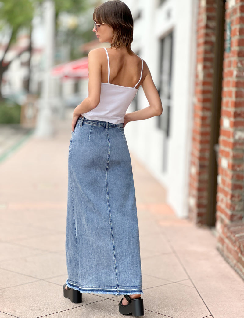 Royal Denim Maxi Skirt in Baroness Blue Back View