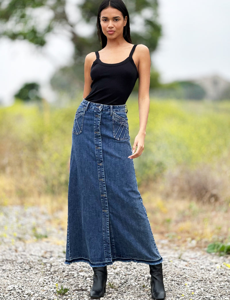 Women’s Royal Denim Maxi Skirt with Flow and Structure – Wash Lab Imperial Blue / 25