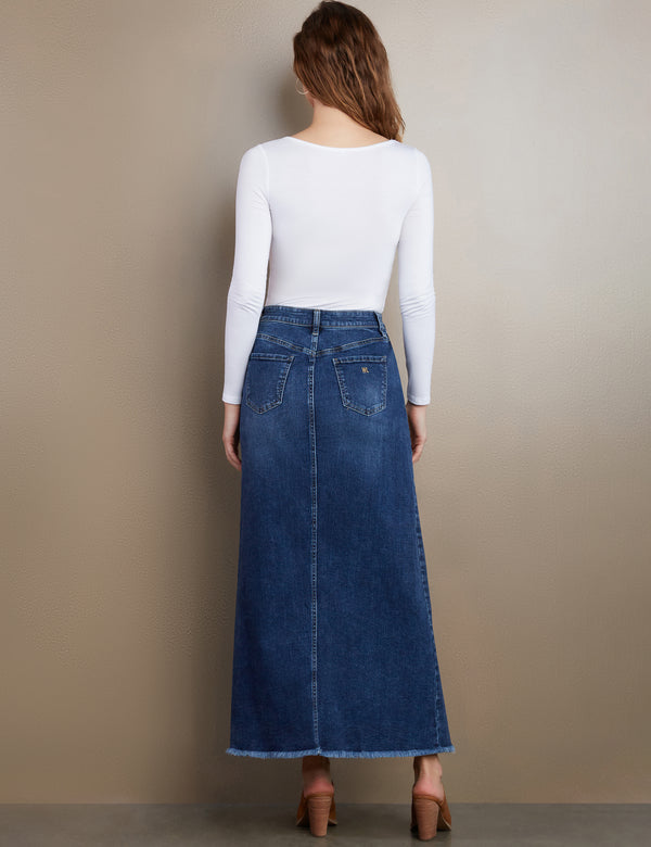 Women's Designer Lowdown Denim Maxi Skirt in Gravity Blue