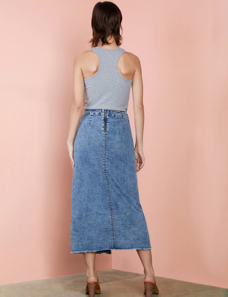 Side Hustle Denim Midi Skirt in Sally Blue Back View