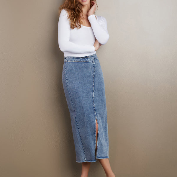Women's Side Hustle Zip Back Denim Midi Skirt – Billy T – billytshop