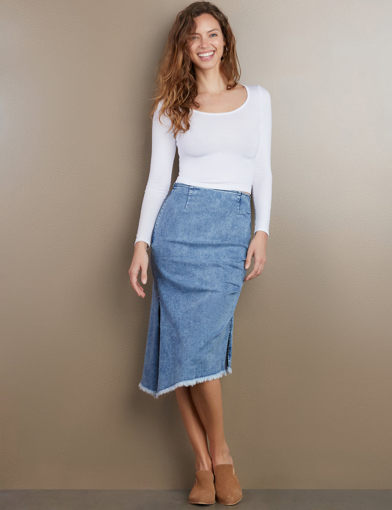 Women's Designer Denim Bustle Midi Skirt 
