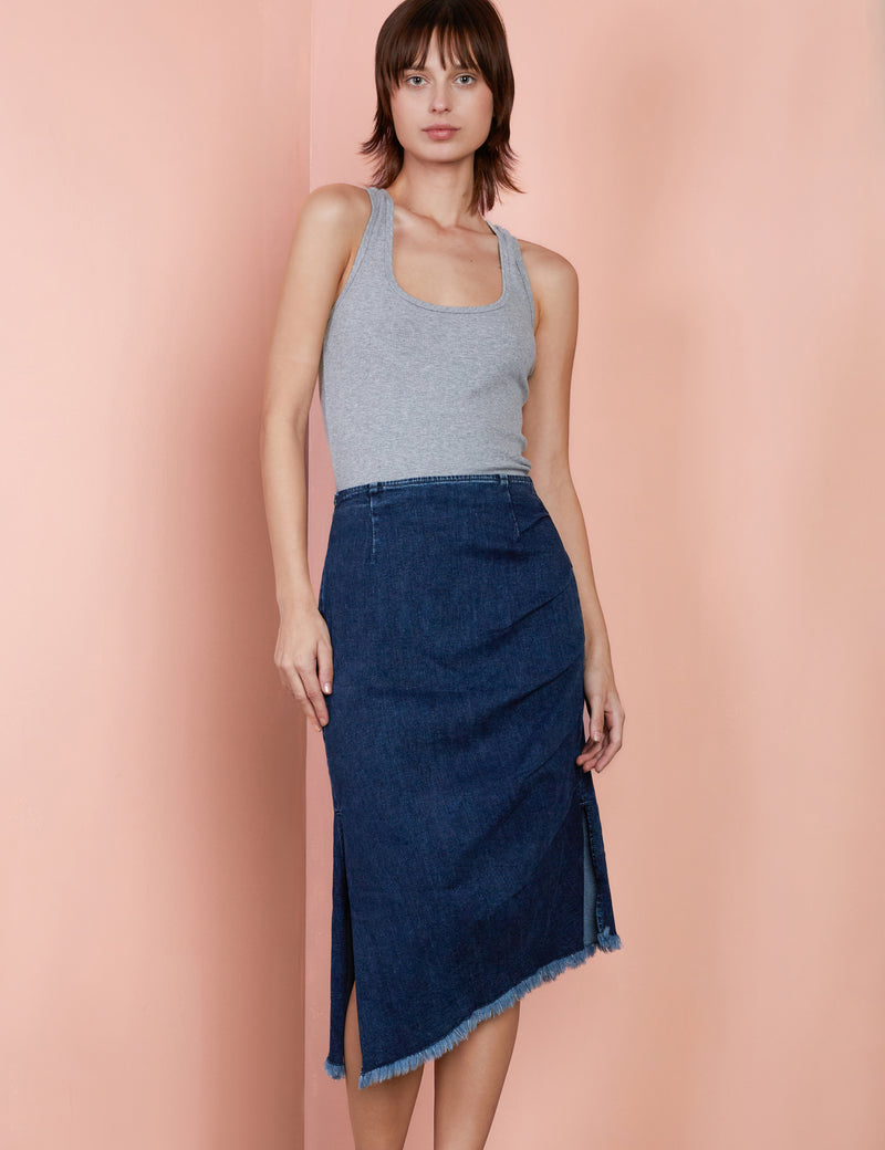 Denim Bustle Midi Skirt in Lora Blue Front View