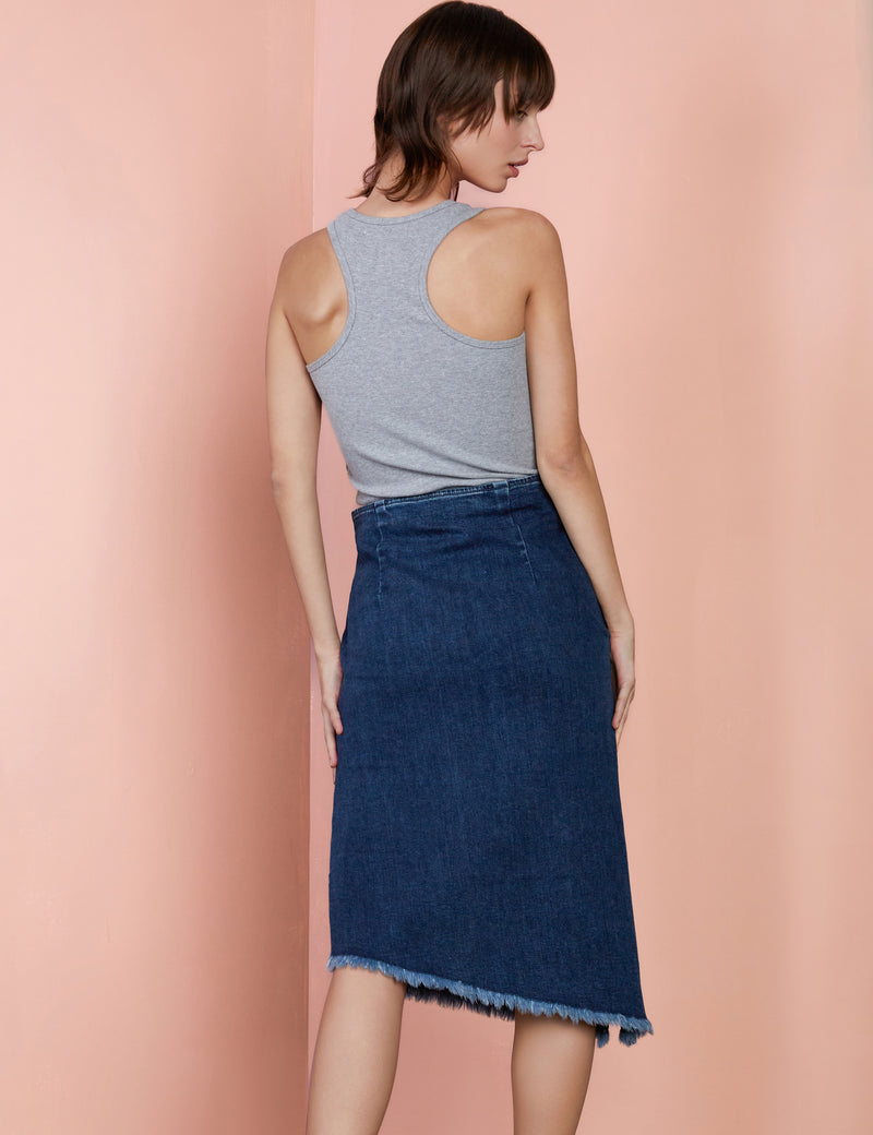 Denim Bustle Midi Skirt in Lora Blue Back View