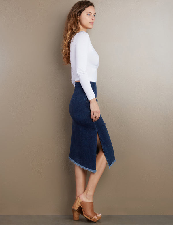 Women's Designer Denim Bustle Asymmetrical Midi Skirt 