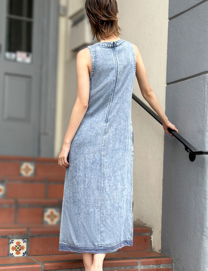 Women's Soft Denim Tank Midi Dress in Milly Blue Back View