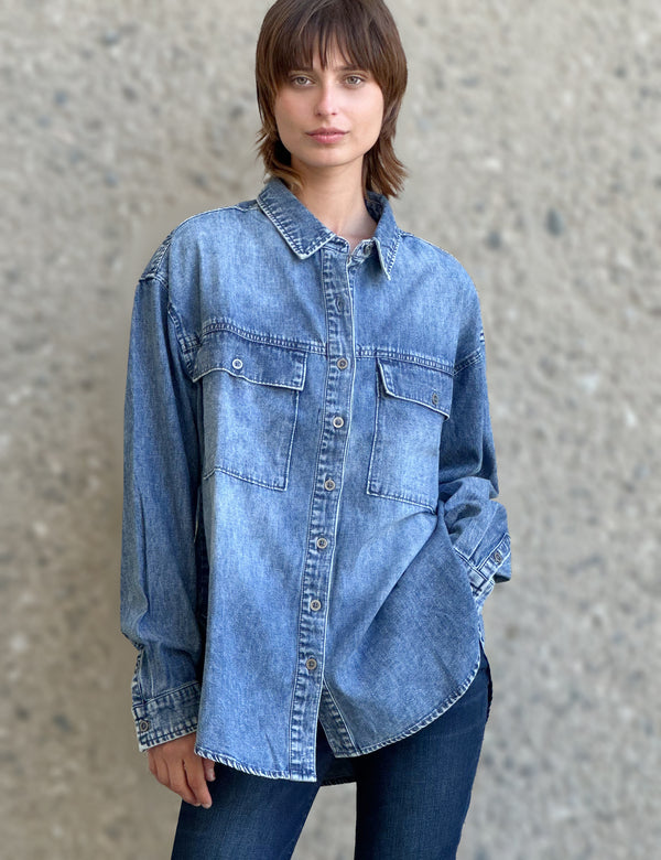 Oversized Denim Shirt in Blue Ice Front View