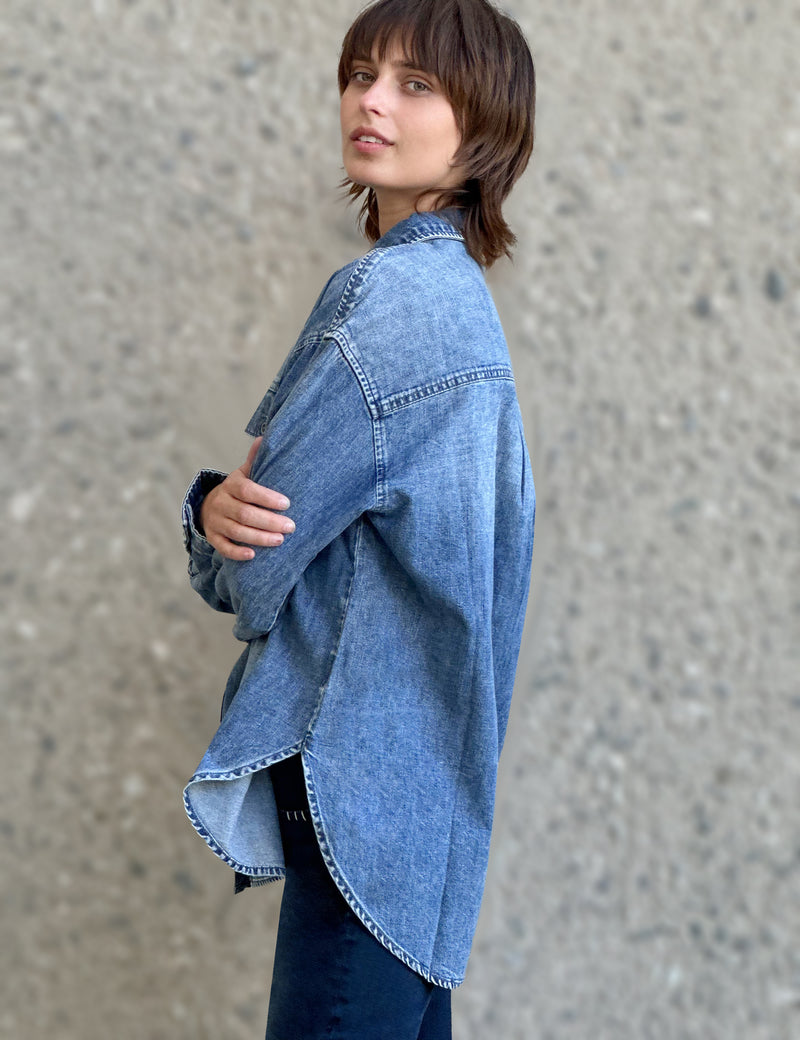 Oversized Denim Shirt in Blue Ice Side View