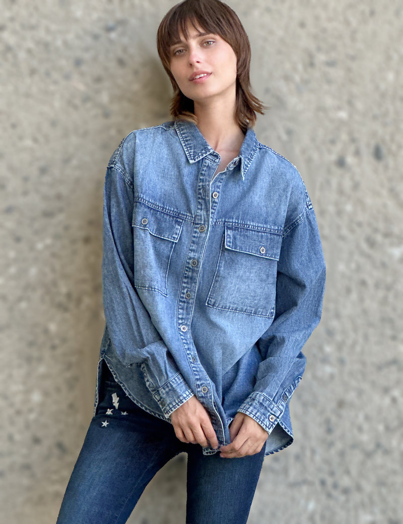 Oversized Denim Shirt in Blue Ice Front View