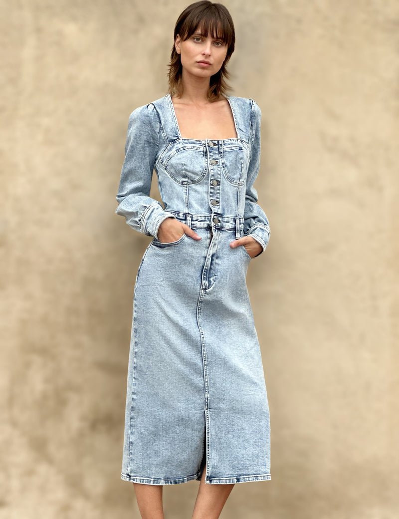 Wash Lab Denim Puff Shoulder Long Sleee Corset Denim Midi Dress in French Blue at Nordstrom, Size X-Small