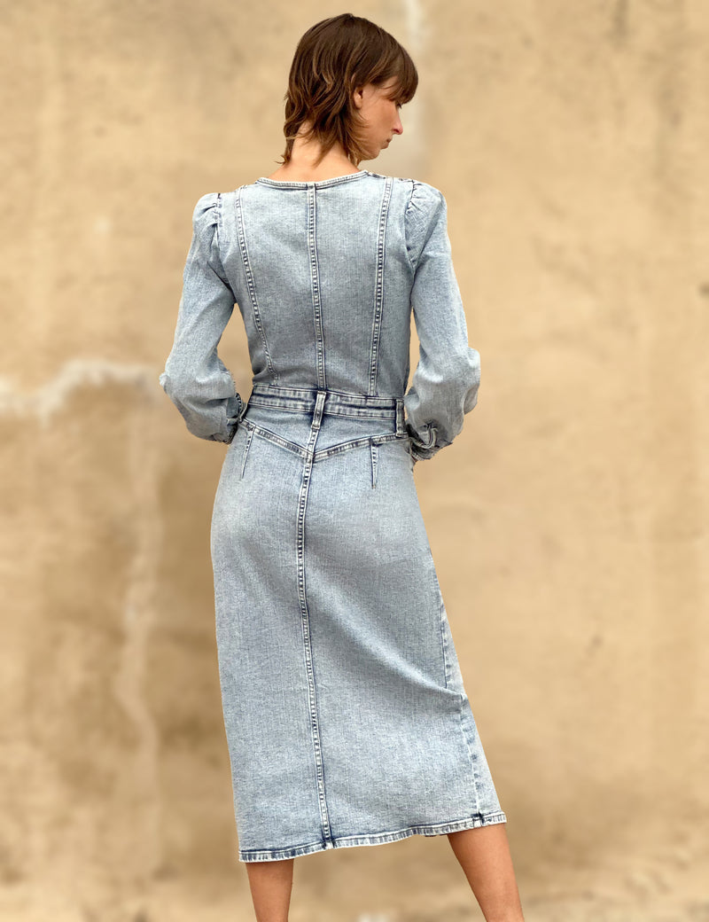 corset denim dress Wash Lab Denim Puff Shoulder Long Sleee Corset Denim Midi Dress in French Blue at Nordstrom, Size Medium
