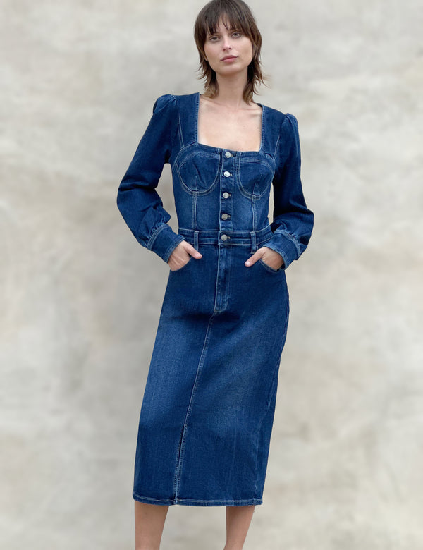 Women's Long Puff Sleeve Denim Corset Midi Dress in Night Blue Front View