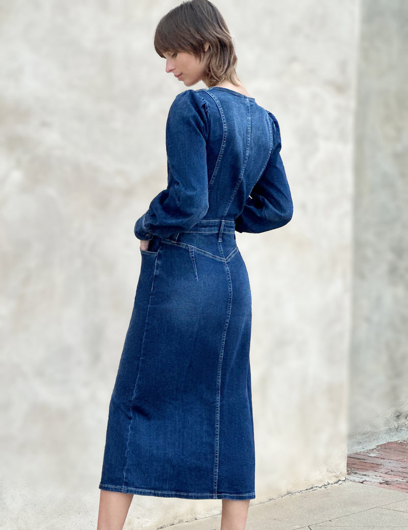 Women's Long Puff Sleeve Denim Corset Midi Dress in Night Blue Back View