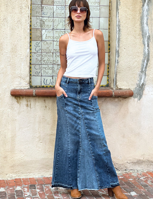 Flare Bliss Maxi Denim Skirt in Shine Blue Front View