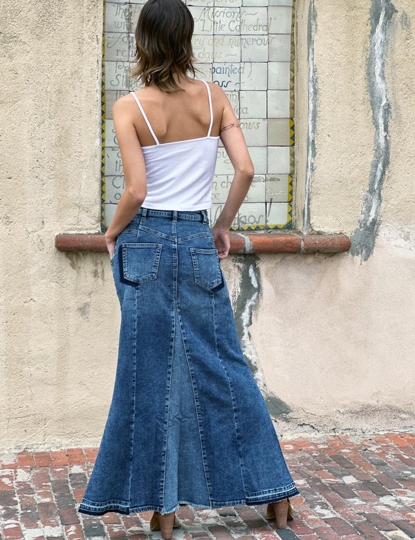 Flare Bliss Maxi Denim Skirt in Shine Blue Back View