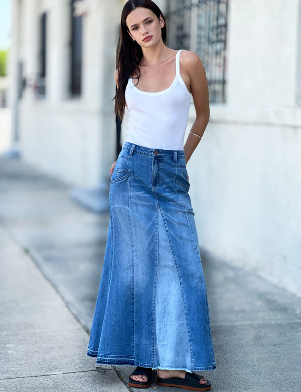 Flare Bliss Maxi Denim Skirt in Spark Blue Front View