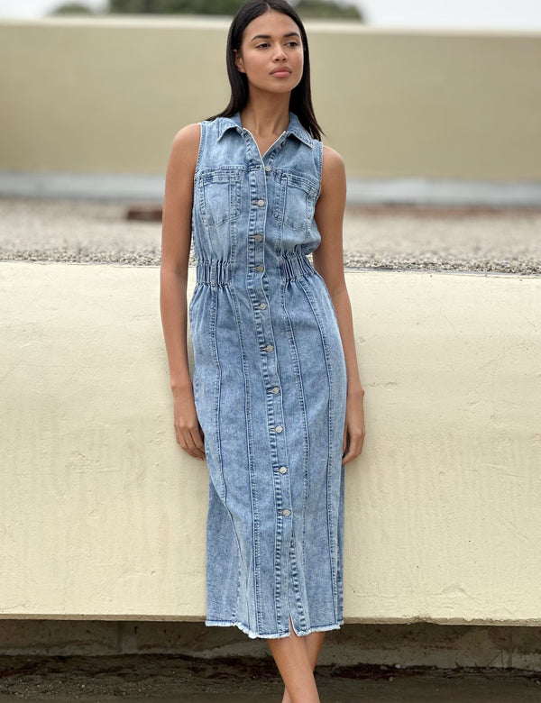 Alice Denim Dress in Mountain Blue Front View