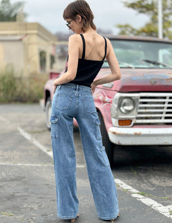 Denim Relaxed Cargo Jeans in Cargo Blue Back View