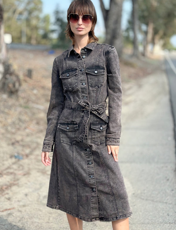 Women's Cargo Pocket Long Sleeve Denim Dress Front View