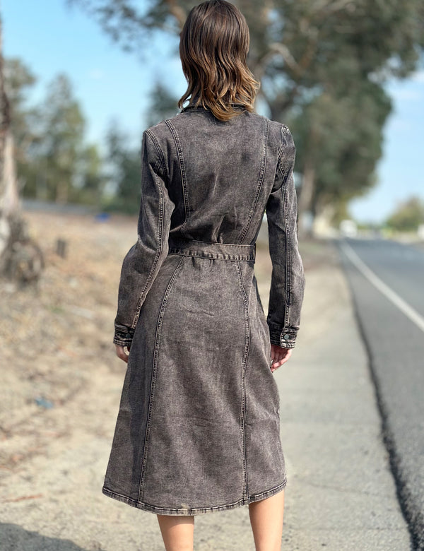 Women's Cargo Pocket Long Sleeve Denim Dress Back View