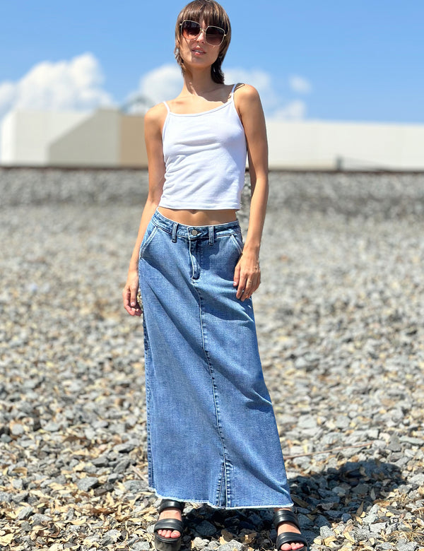 Tory Denim Maxi Skirt in Field Blue Front View