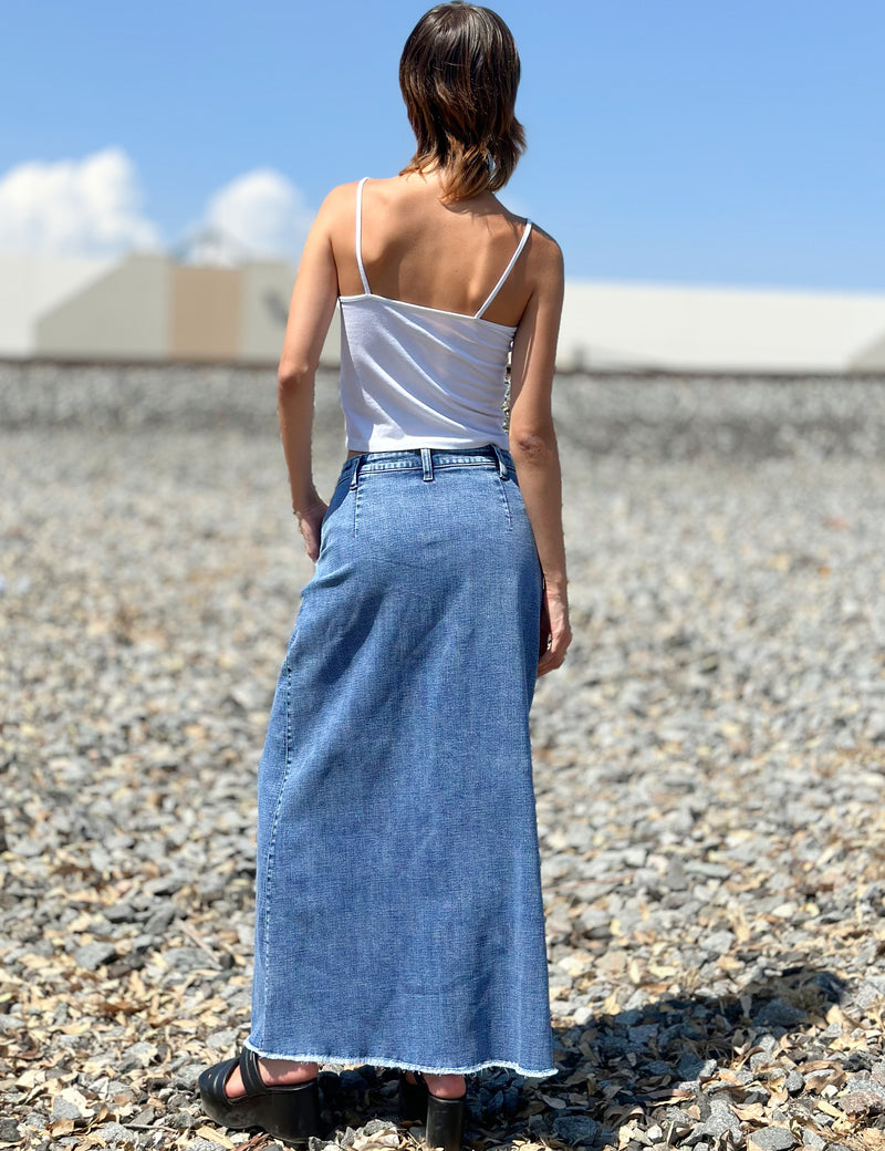 Tory Denim Maxi Skirt in Field Blue Back View