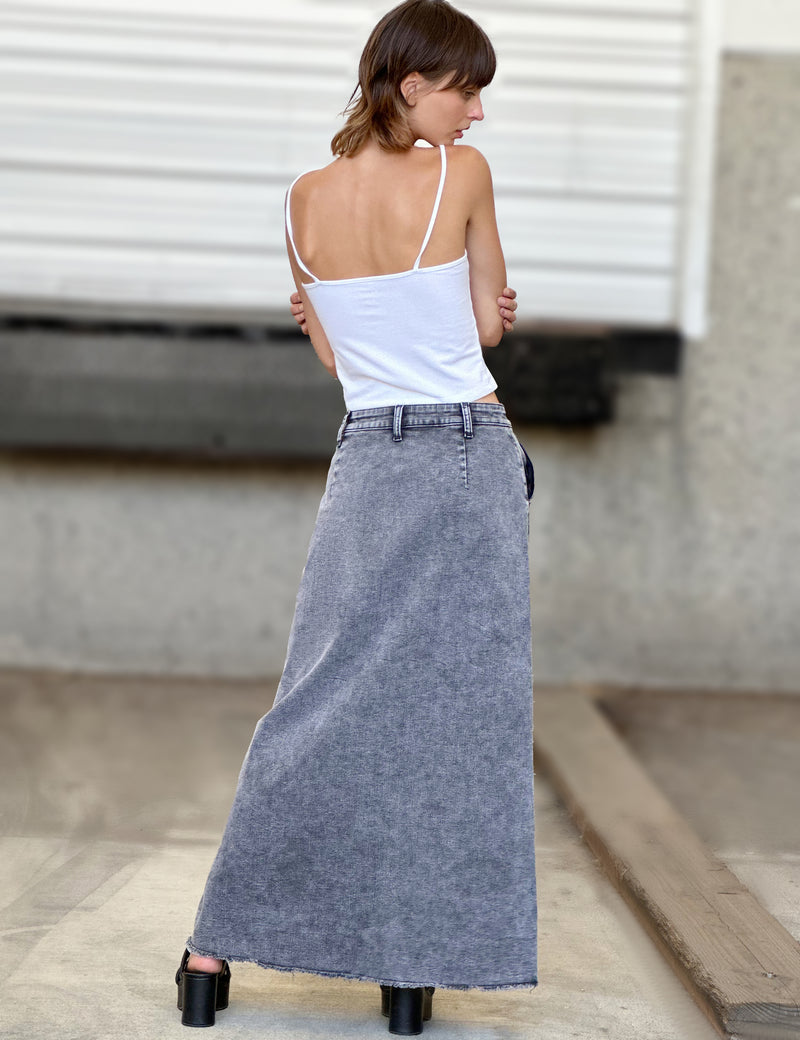 Tory Denim Maxi Skirt in Field Grey Back View