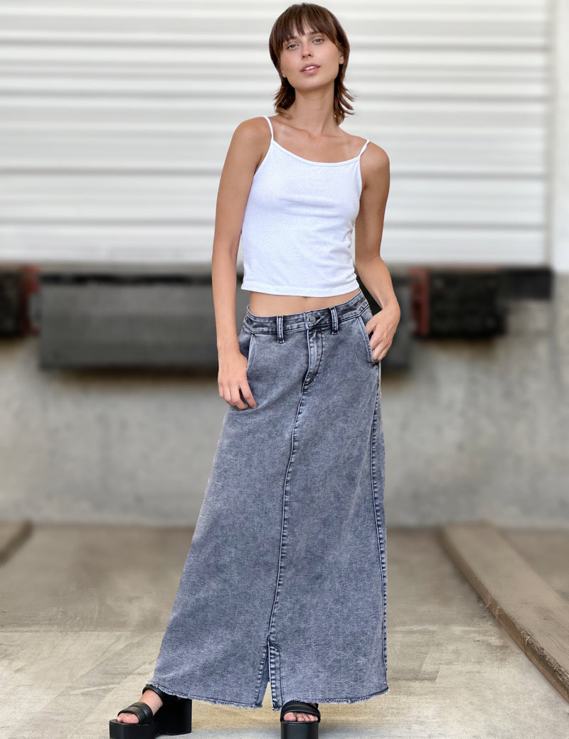 Tory Denim Maxi Skirt in Field Grey Front View