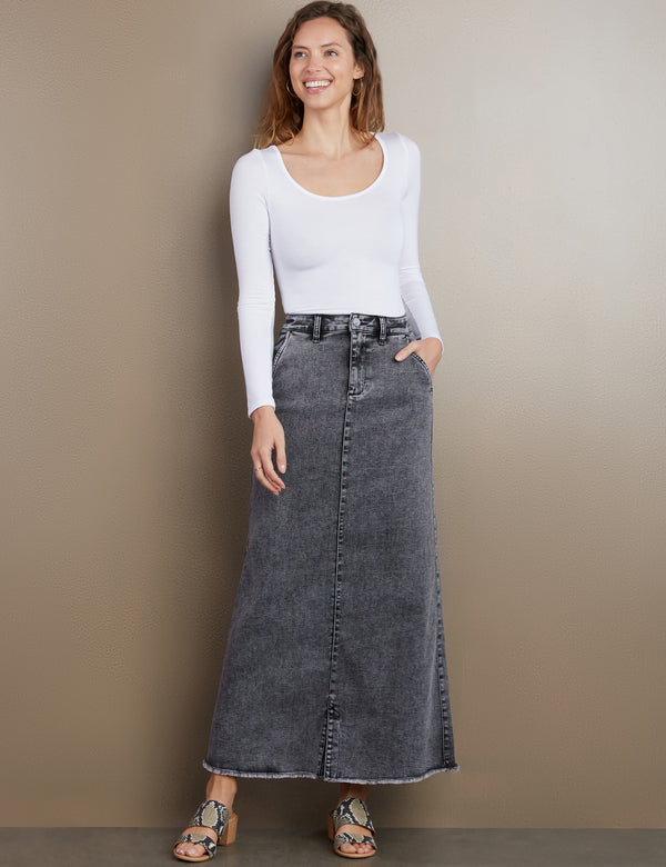Women's Designer Grey Wash Tory Denim Maxi Skirt