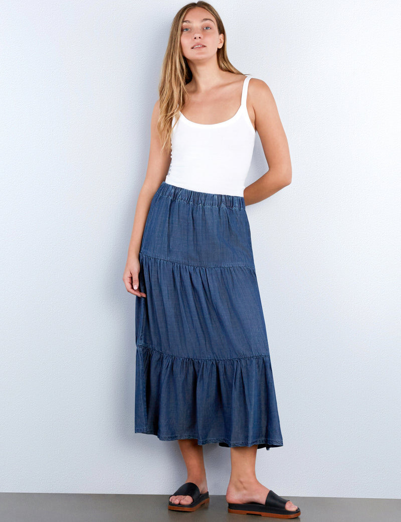 Flounce Denim Maxi Skirt