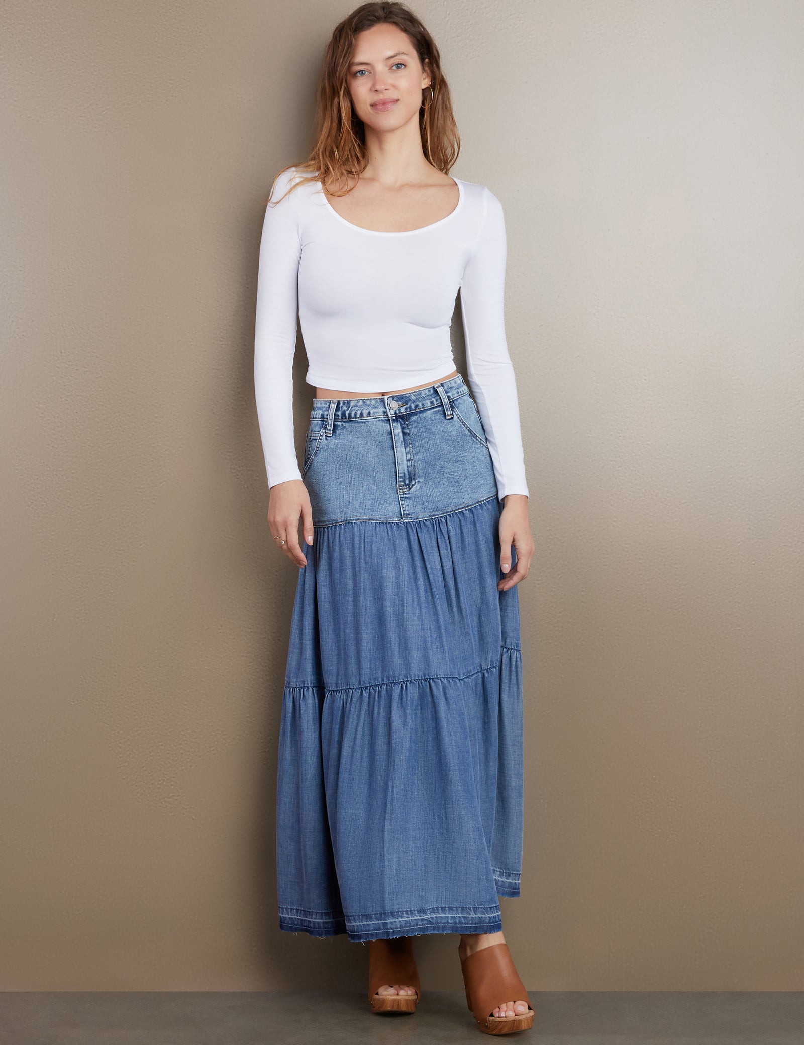 Felim【V LINE LONG DENIM】 Fun Denim Maxi Skirt – billytshop
