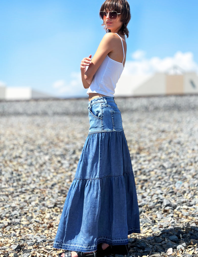 Women’s Fun Layered Denim Maxi Skirt – Wash Lab Denim Love / 30