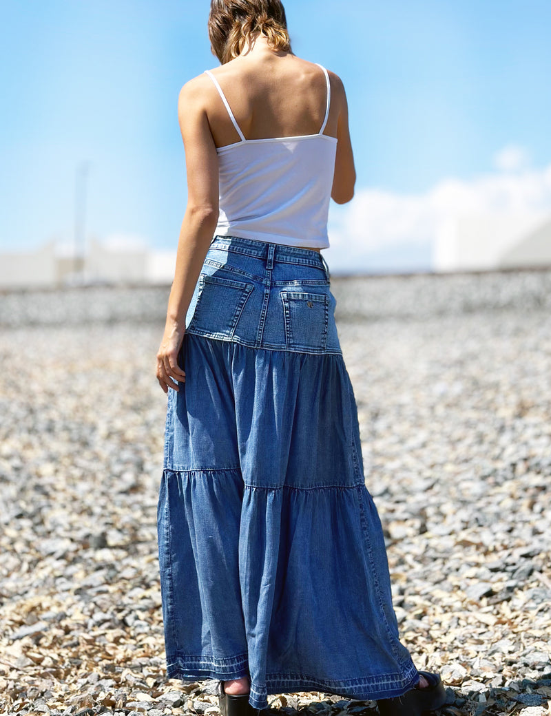 denim maxi dresses and skirts Jendue Women's Sosa Denim Maxi Dress - Stylish Cutout Jean Dress