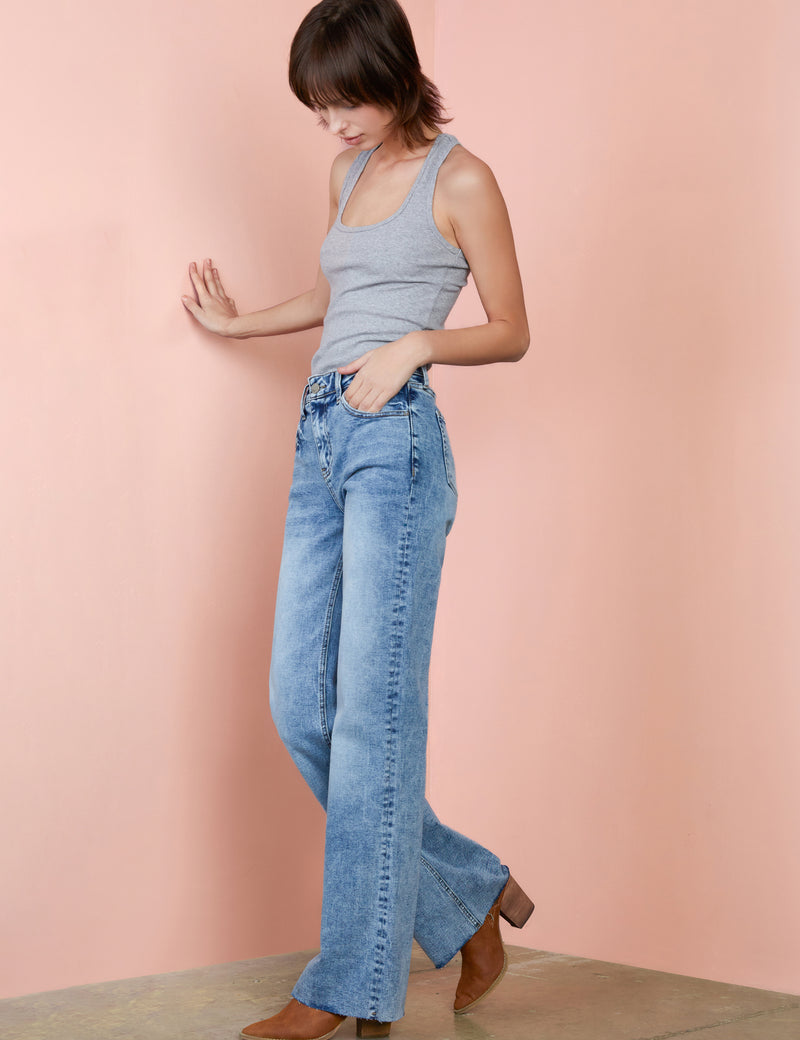 Olivia High Rise Flares in Sea Blue Side View