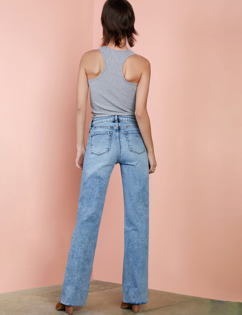 Olivia High Rise Flares in Sea Blue Back View