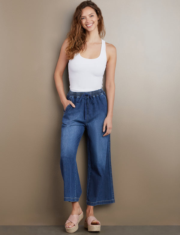 Pull On Denim Cropped Wide Leg Jeans