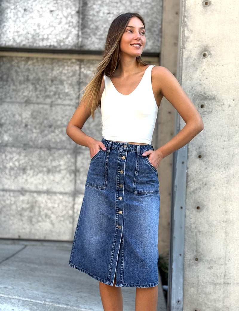 Button Front A-Line Denim Skirt