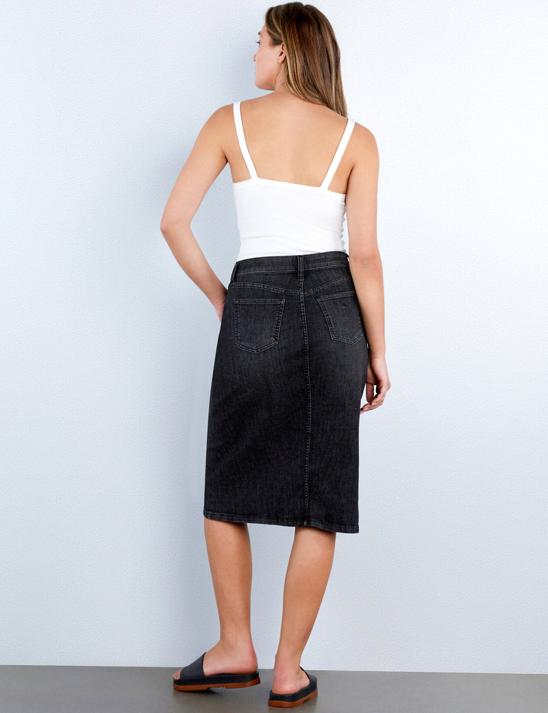 Women's Fashion Slick Black Slick Denim Midi Skirt