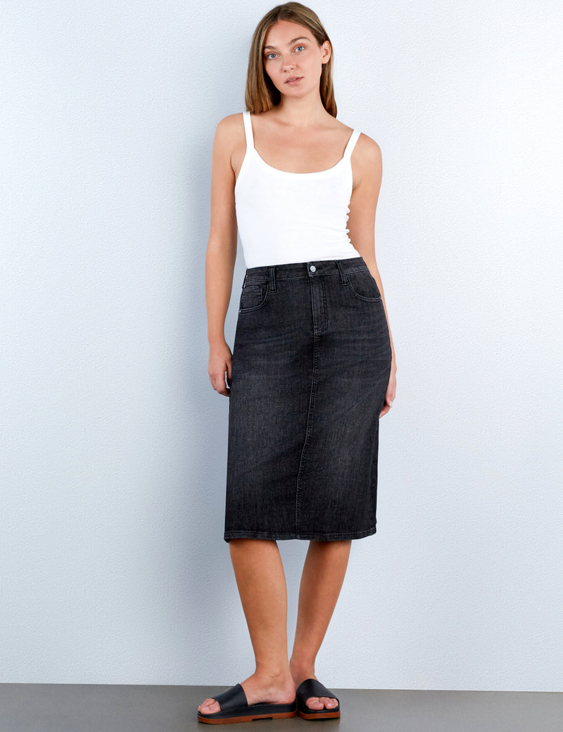 Women's Fashion Slick Black Slick Denim Midi Skirt
