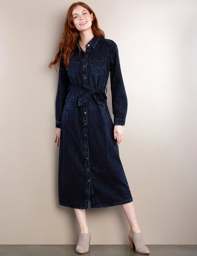 Wash Lab Denim Tie Waist Long Sleeve Denim Maxi Shirtdress in Slate Blue at Nordstrom, Size X-Small