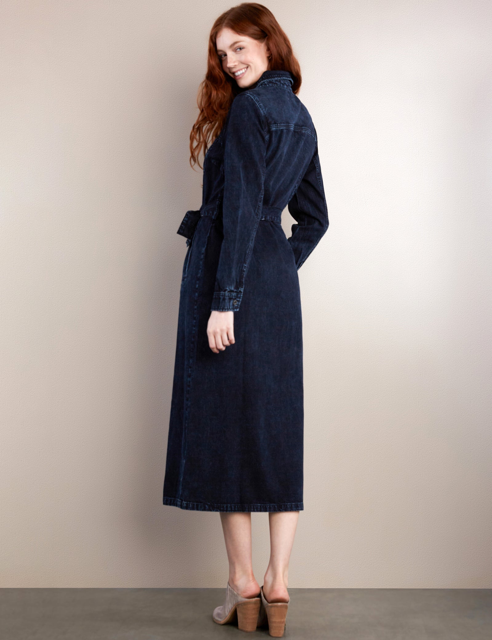 Wash Lab Denim Tie Waist Long Sleeve Denim Maxi Shirtdress