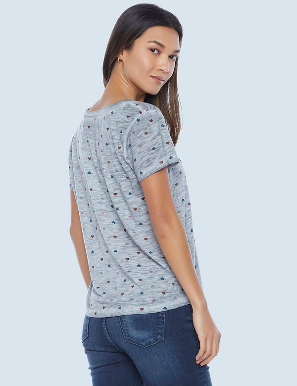 High-End Women's Fashion Brand Multi Heart Print on Slub Tee