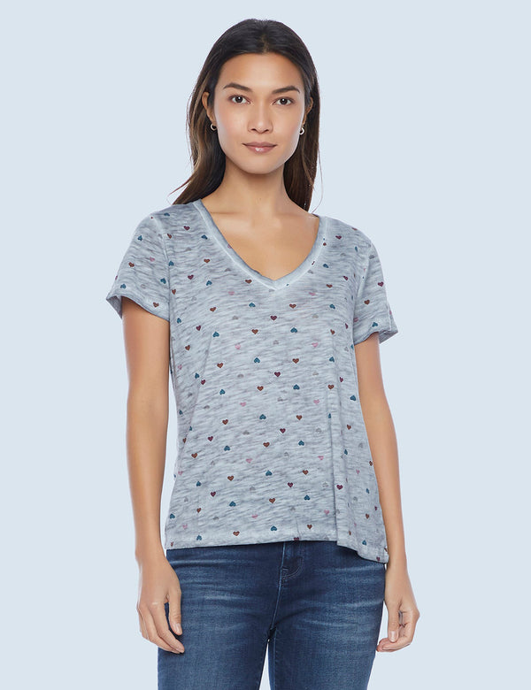 High-End Women's Fashion Brand Multi Heart Print on Slub Tee