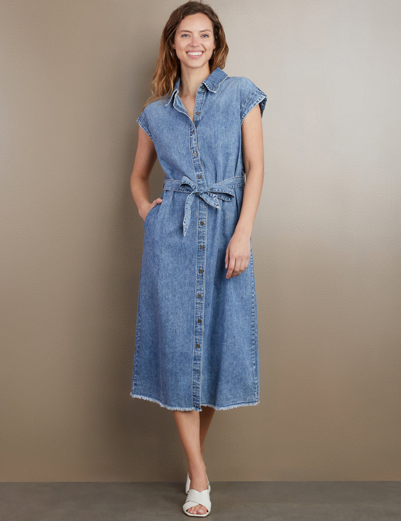 Women's Designer Weekend Denim Midi Dress in Organic Blue