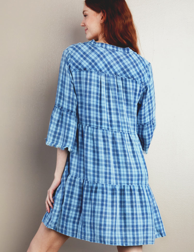 Women's Fashion Brand Blue Plaid Babydoll Dress