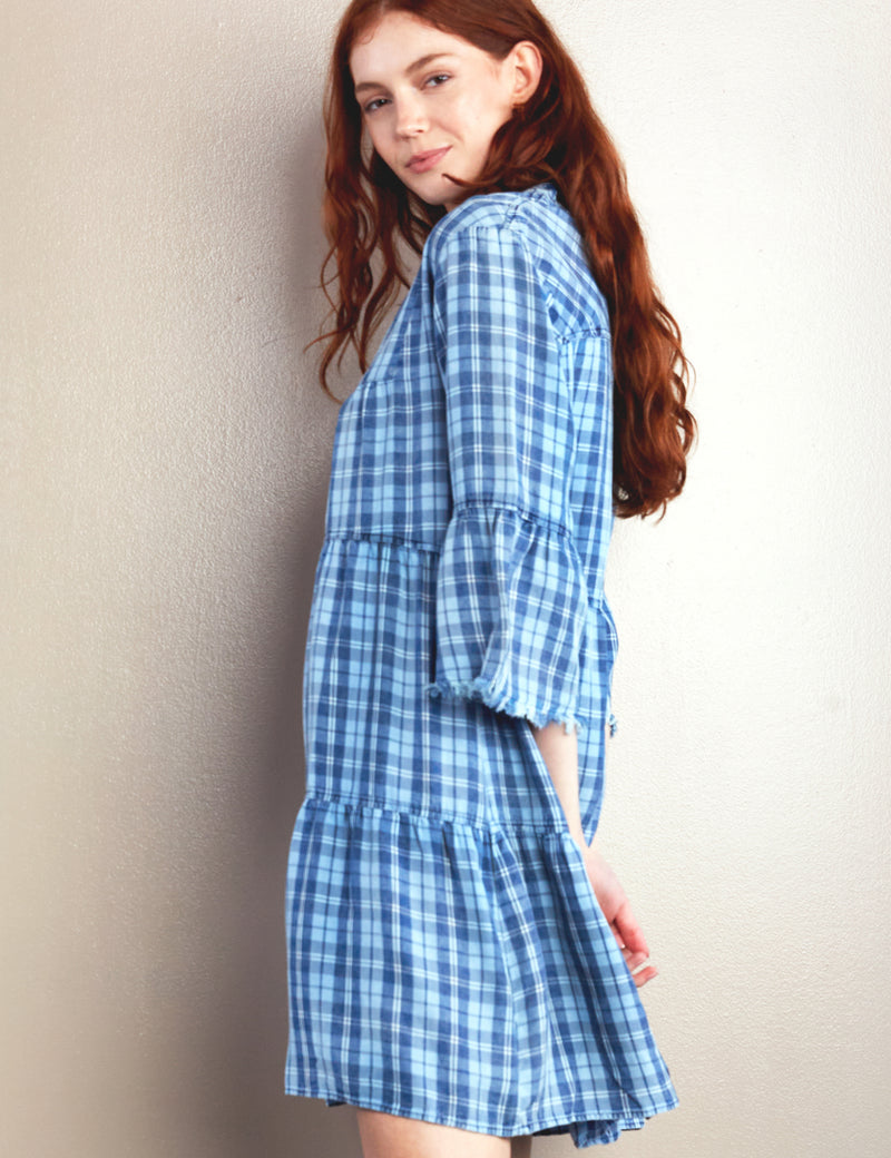 Women's Fashion Brand Blue Plaid Babydoll Dress