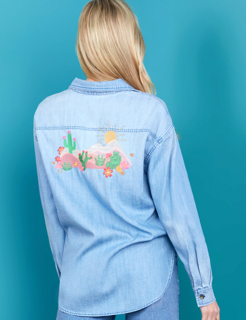 Women's Fashion Brand Cactus Embroidery Denim Shirt