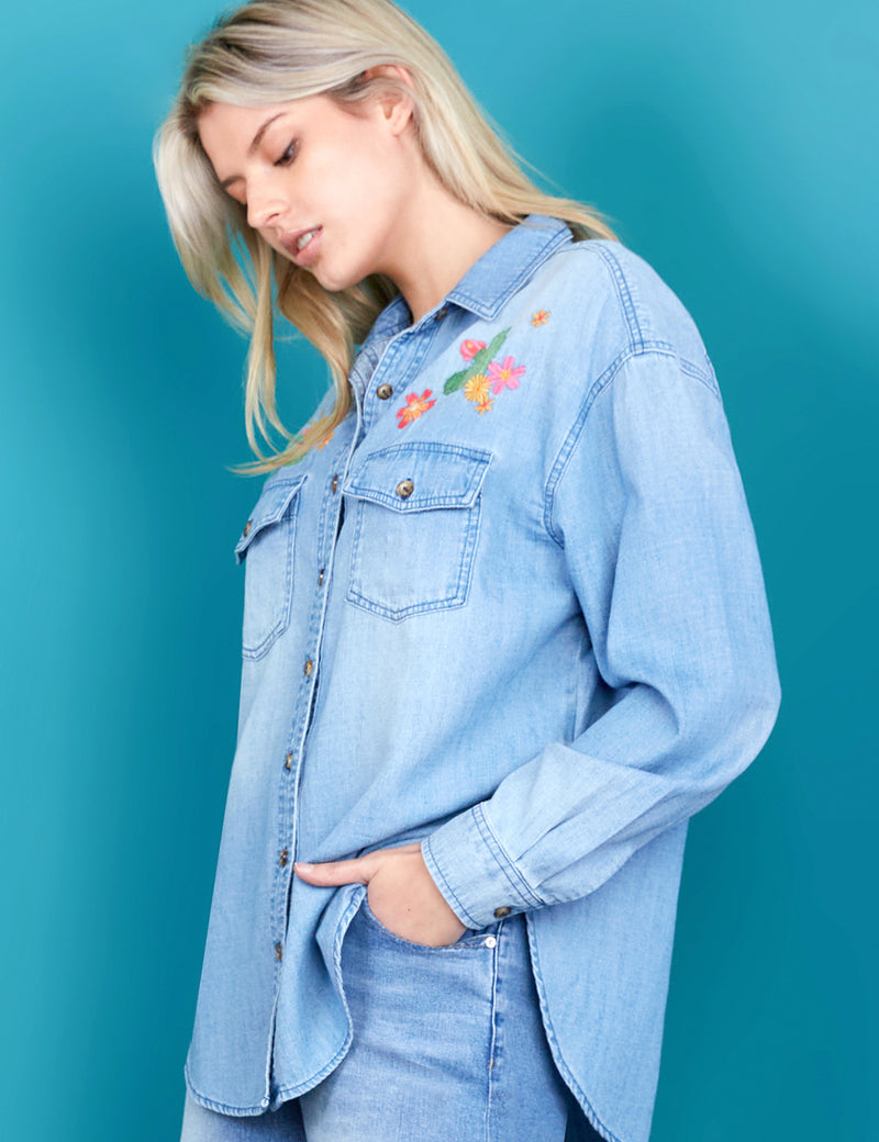 Women's Fashion Brand Cactus Embroidery Denim Shirt