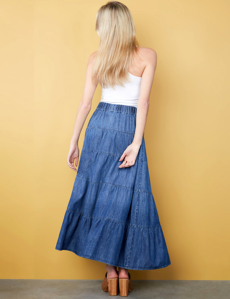 Women's Designer Brand Tiered Denim Maxi Skirt